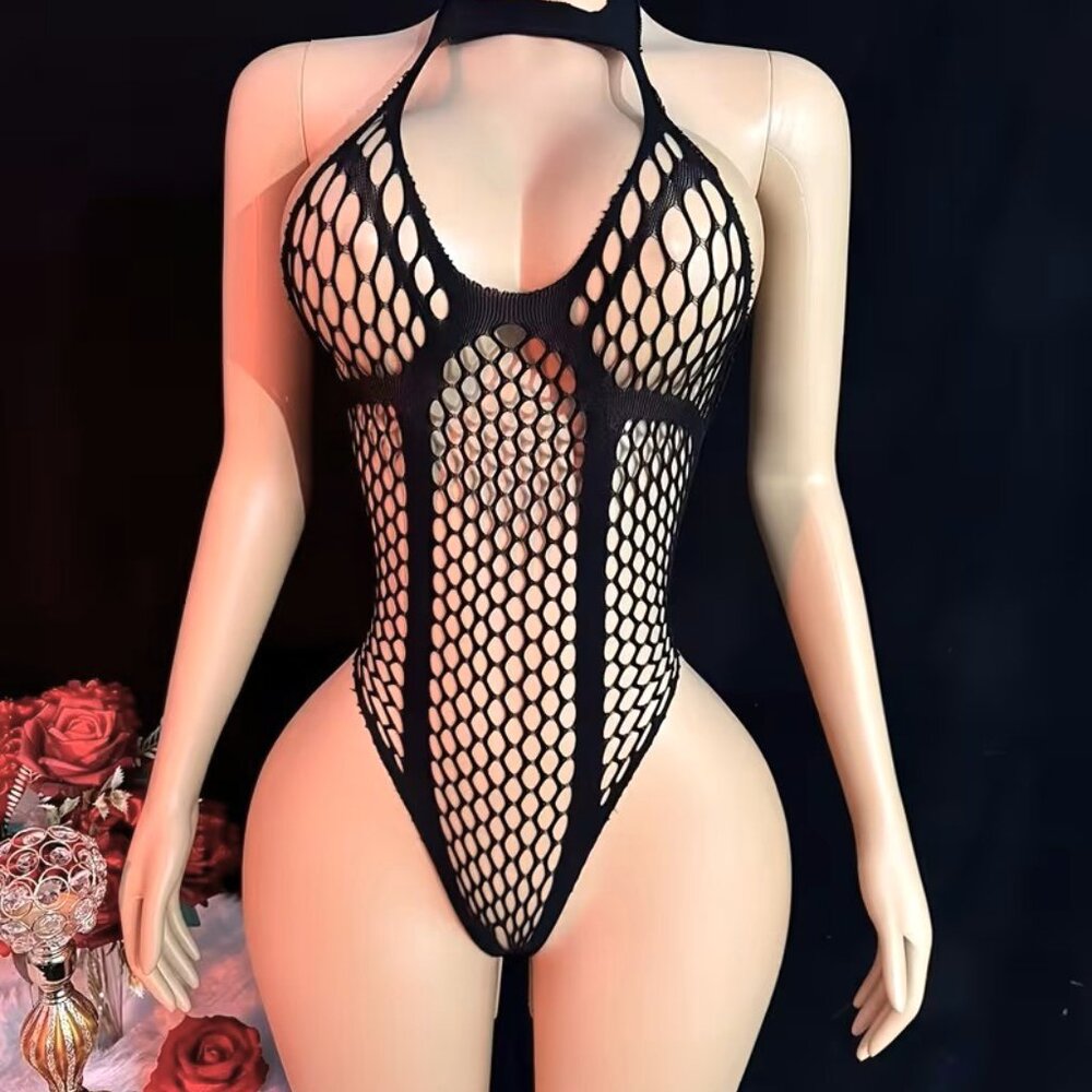 Sexy Fishnet Bodysuit Teddy Black Hollow Out Lingerie Halter Stretchy Role play